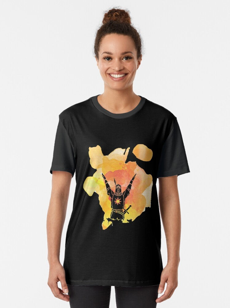 Graphic t-shirt with the "Praise the Sun" symbol from Dark Souls, featuring the character Solaire of Astora - Women