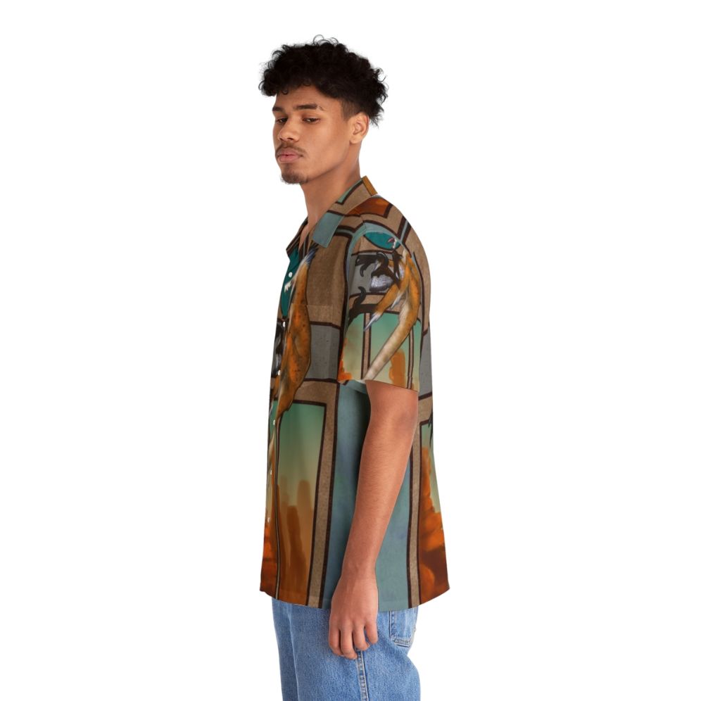 Velociraptor Nouveau Hawaiian Shirt featuring a feathered dinosaur design - People Left