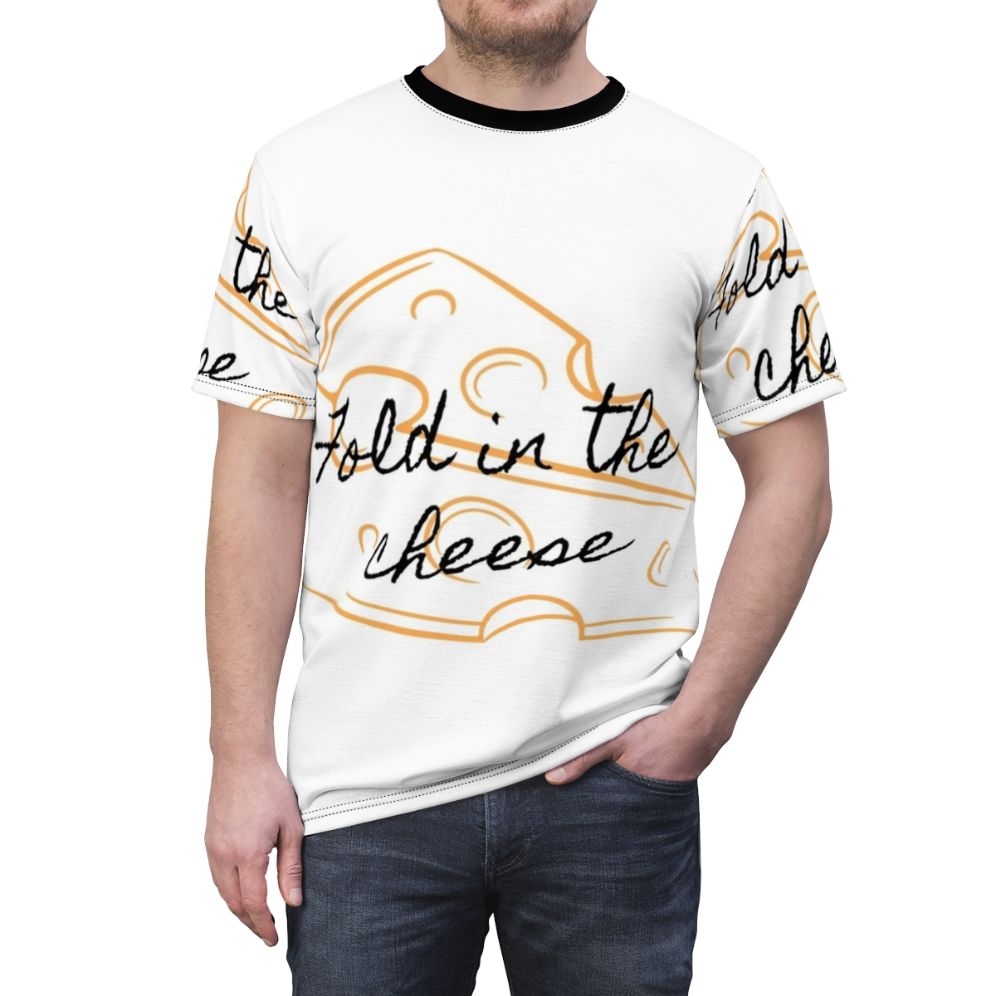 "Fold In the Cheese" inspired t-shirt featuring a design from the popular TV show Schitt's Creek - men front