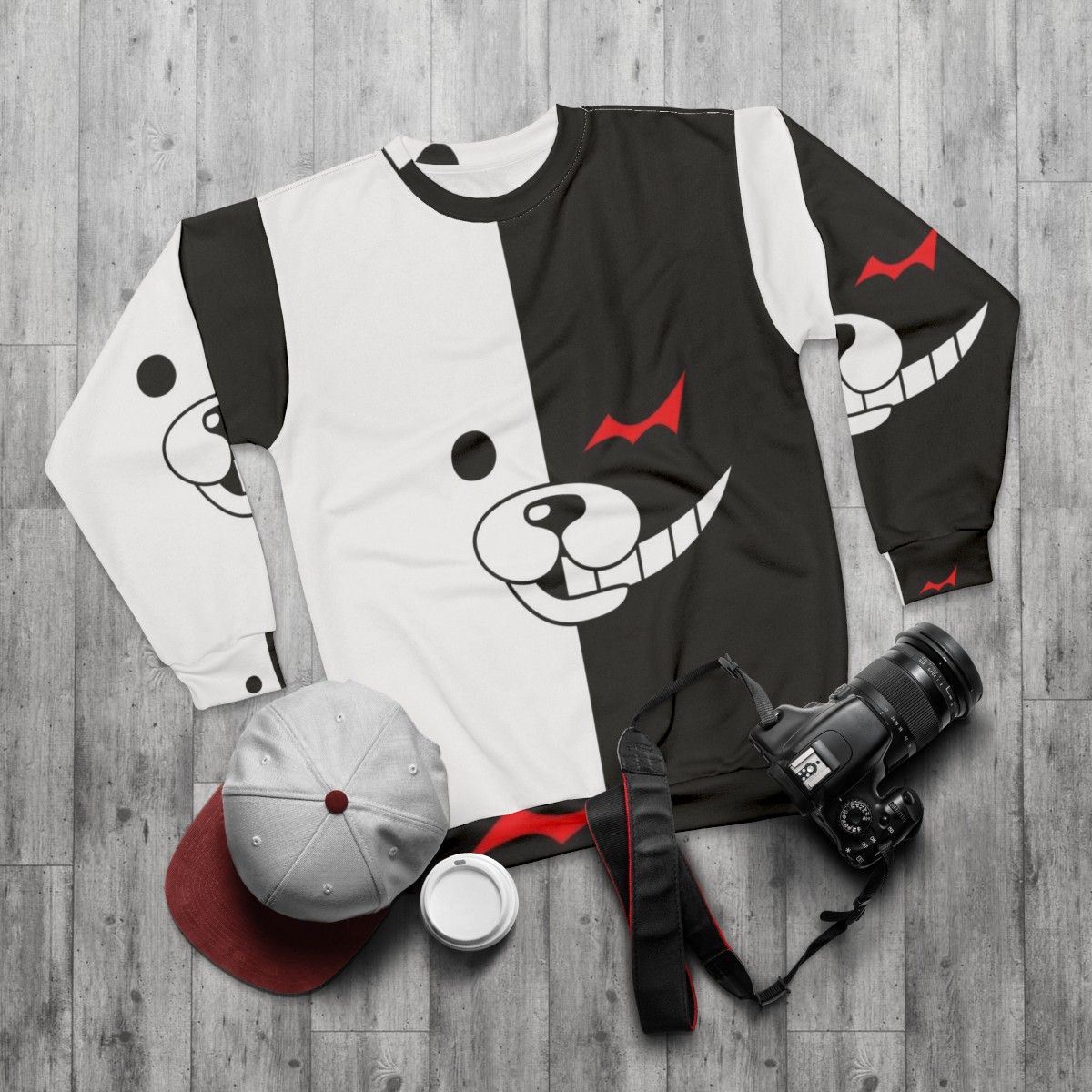 Monokuma Danganronpa Sweatshirt with Despair vs Hope Design - flat lay