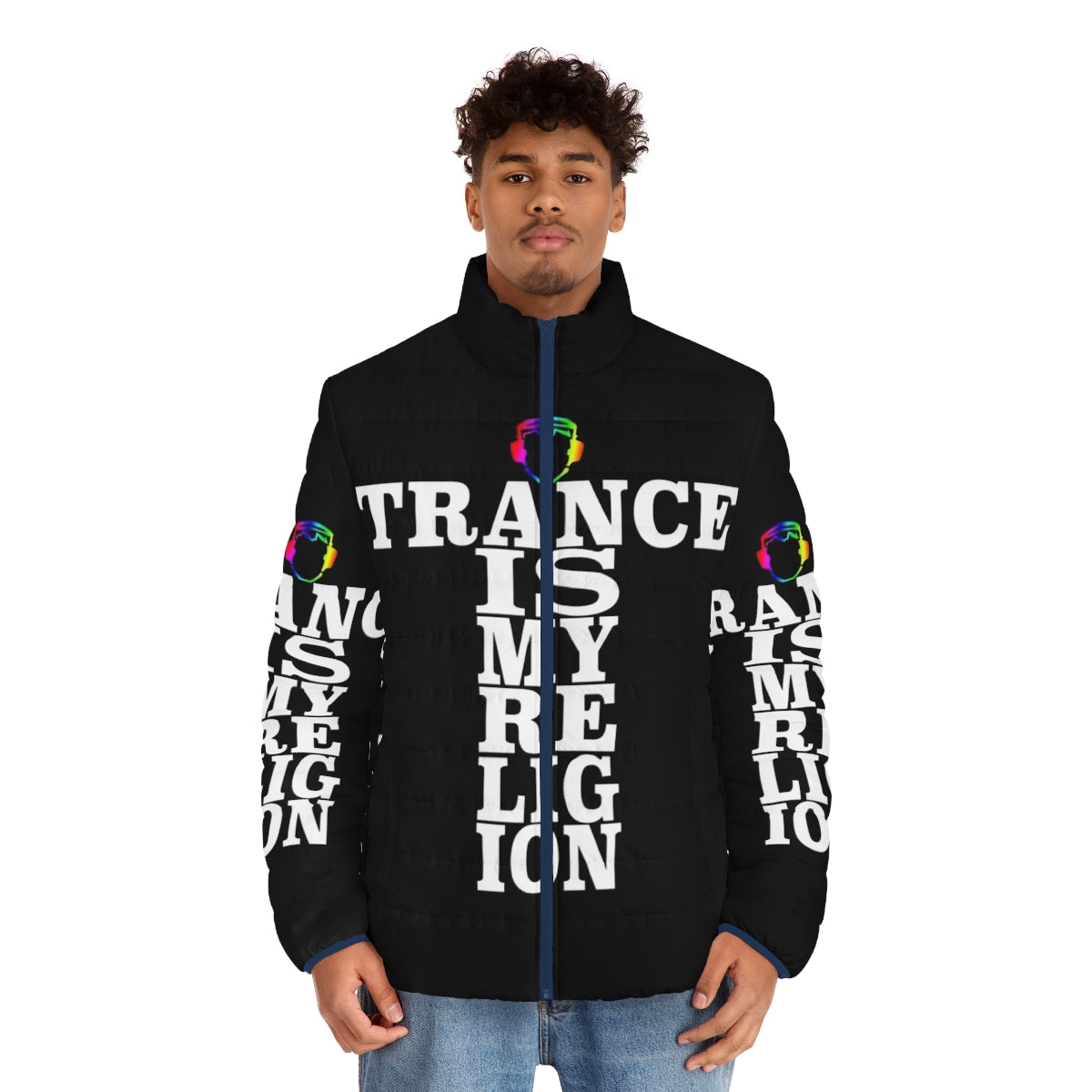 Trance Is My Religion Puffer Jacket featuring electronic dance music symbols and artists - men front