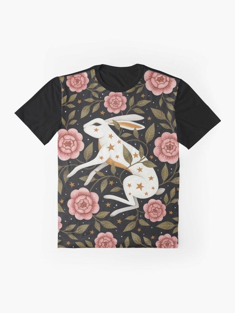 Graphic t-shirt featuring an entangled rabbit in a magical, floral landscape with stars and laurel - Flat lay