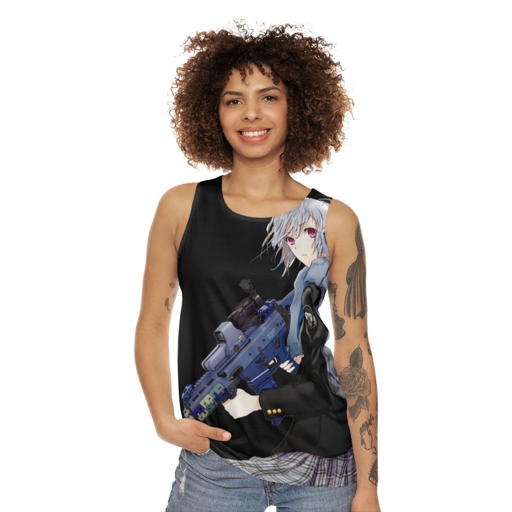 Unisex anime girl with gun graphic on tank top - women