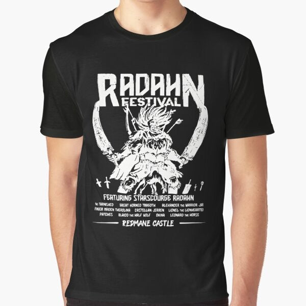 Elden Ring Radahn Festival Graphic T-Shirt featuring the iconic character Radahn from the game