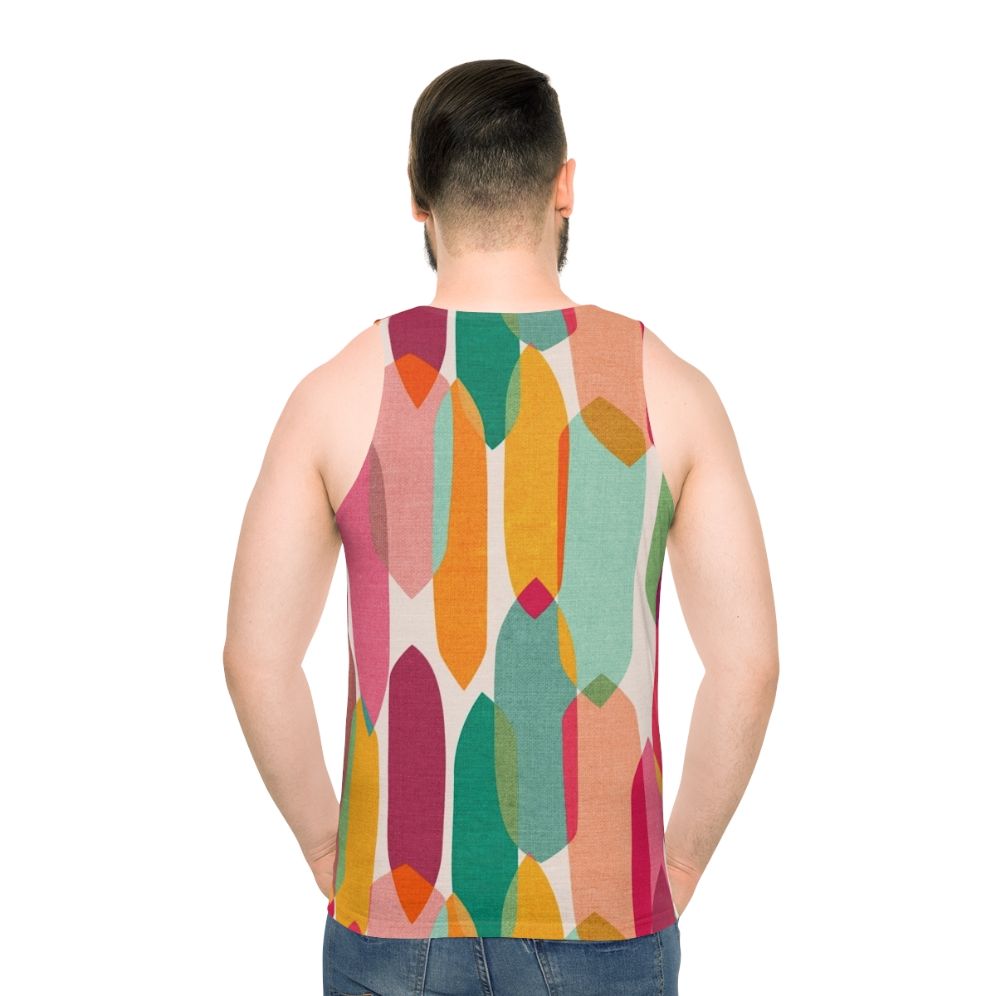 Colorful mid century modern droplets pattern on unisex tank top - men back