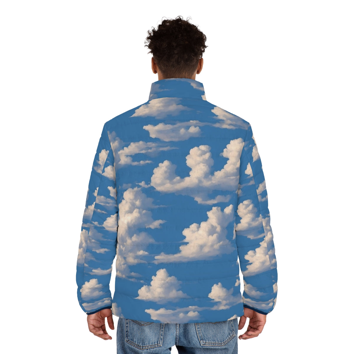 Cloudy sky puffer jacket with nature landscape design - men back