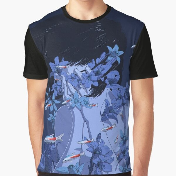 Anime t-shirt with "Perfect Blue" graphic design featuring fish, flowers, and water imagery