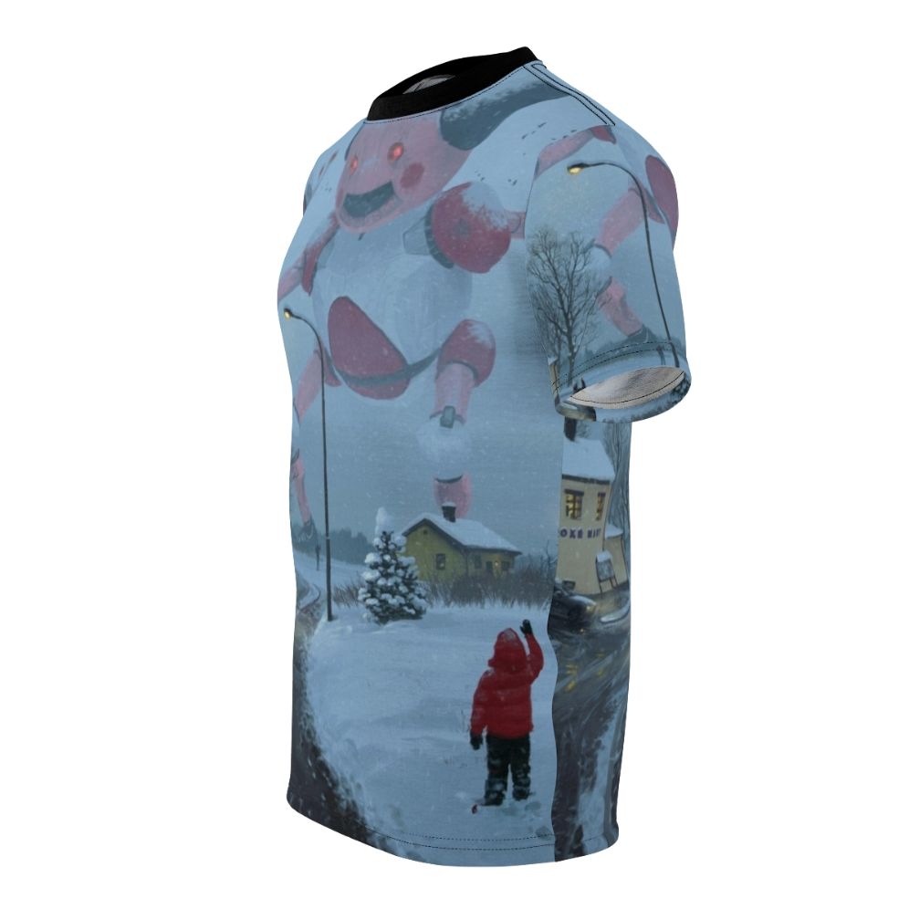 Mecha robot figure standing in a snowy, post-apocalyptic landscape on an all-over print t-shirt - men left