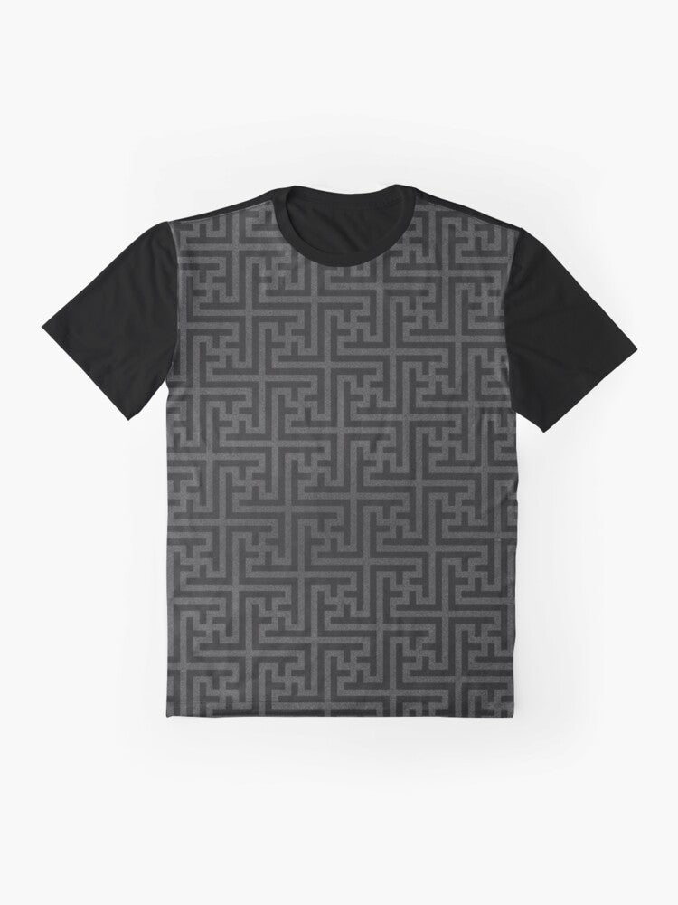 Geometric sacred swastika pattern graphic design on a t-shirt - Flat lay