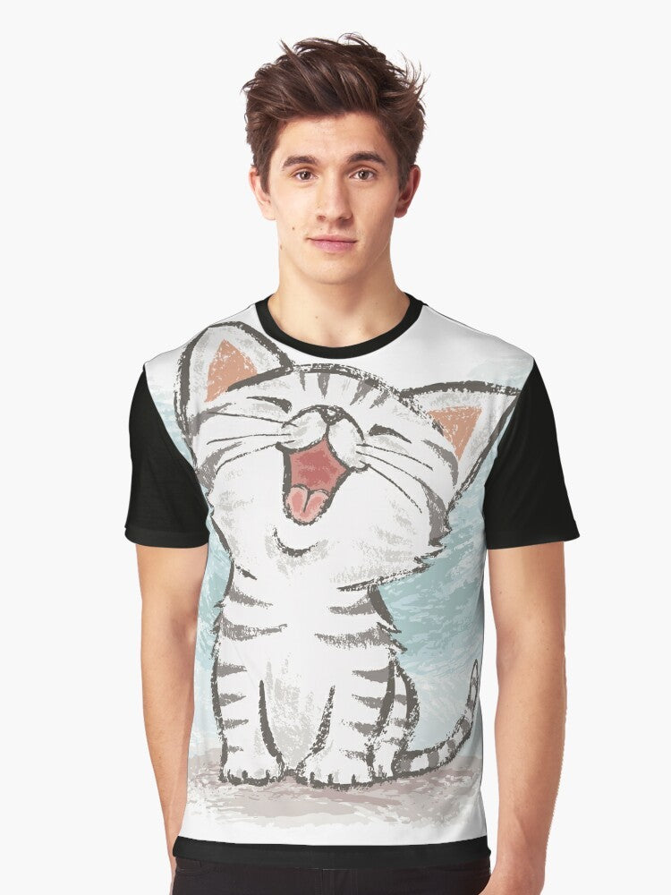 Adorable cartoon illustration of a happy, smiling American Shorthair cat on a graphic t-shirt design. - Men