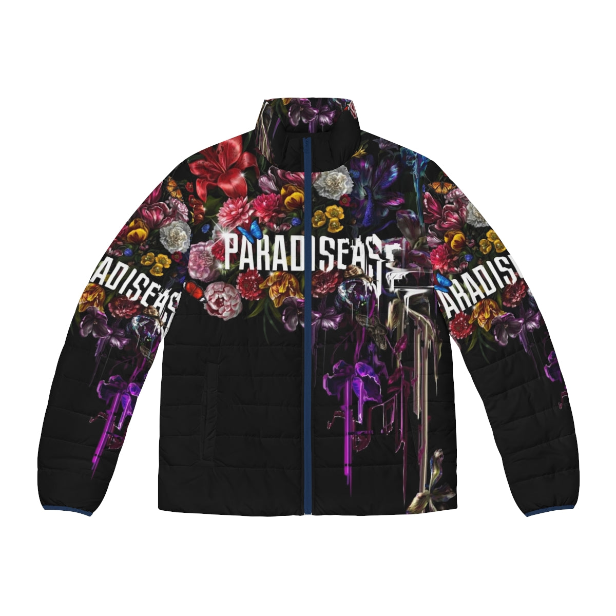 Corrupted Paradise Sci-Fi Puffer Jacket with Glitch and Floral Botanicals