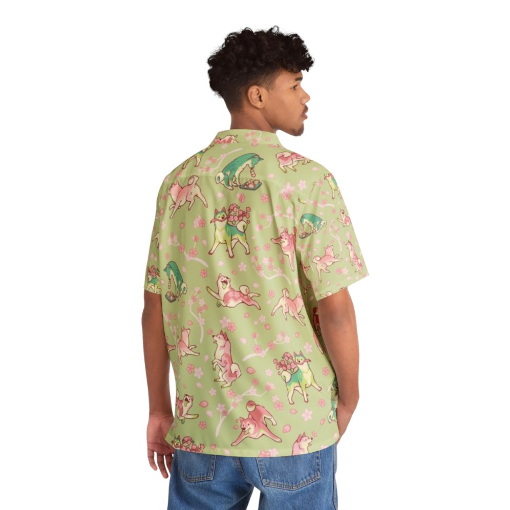 Shibakura Matchinu Matcha Green Hawaiian Shirt with Shiba Inu and Cherry Blossom Print - People Back