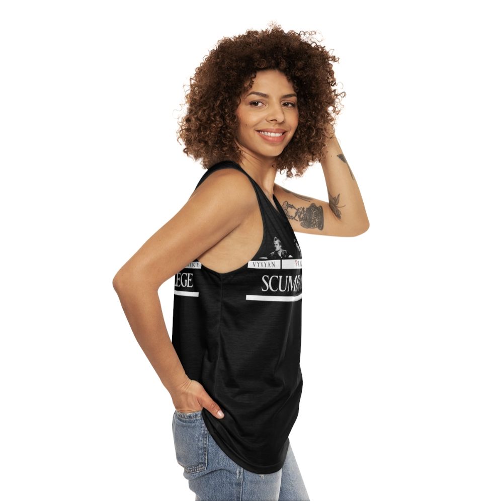 Unisex 1980s punk rock college lifestyle graphic tank top - women side