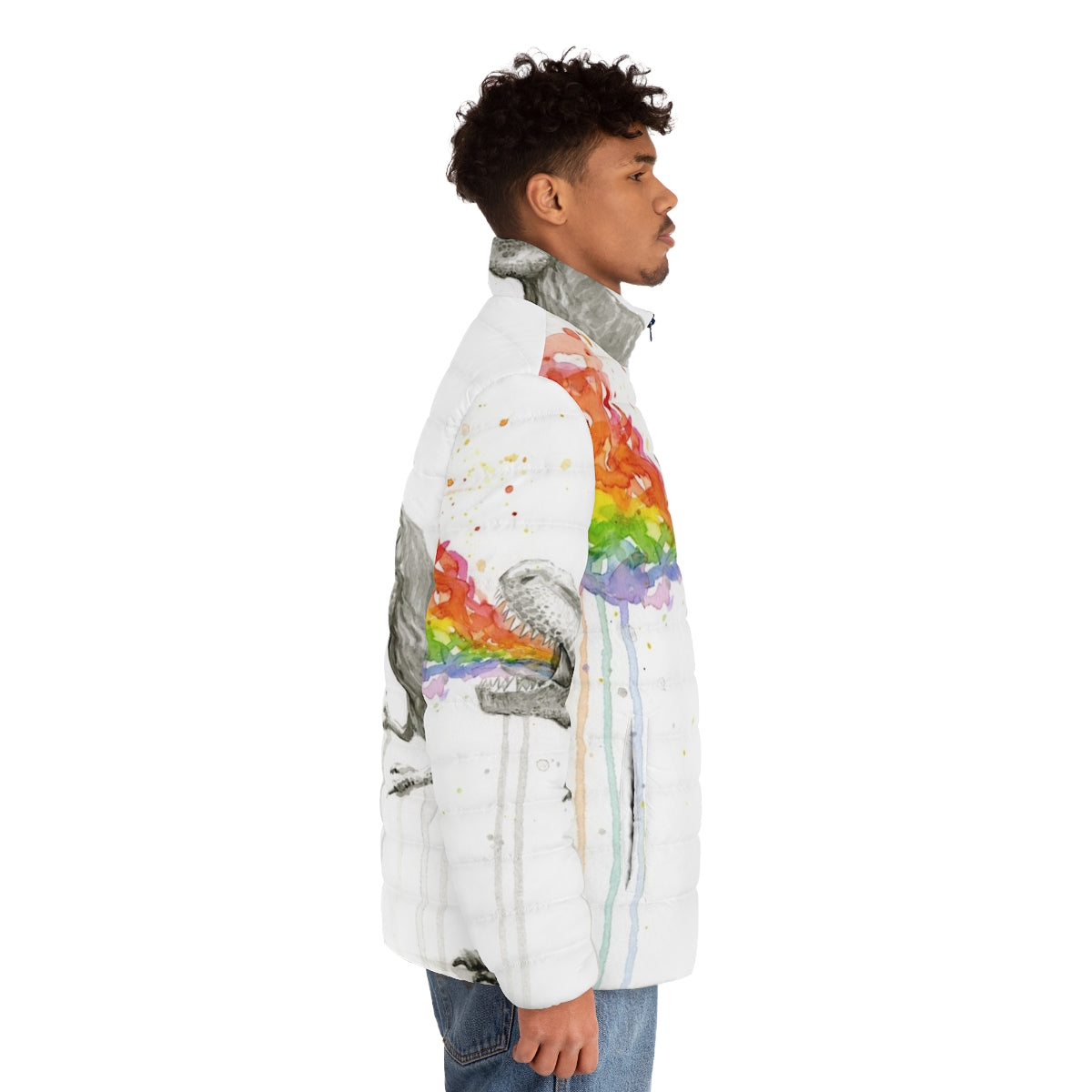 Colorful puffer jacket featuring a whimsical T-Rex dinosaur in a rainbow watercolor design - men side right