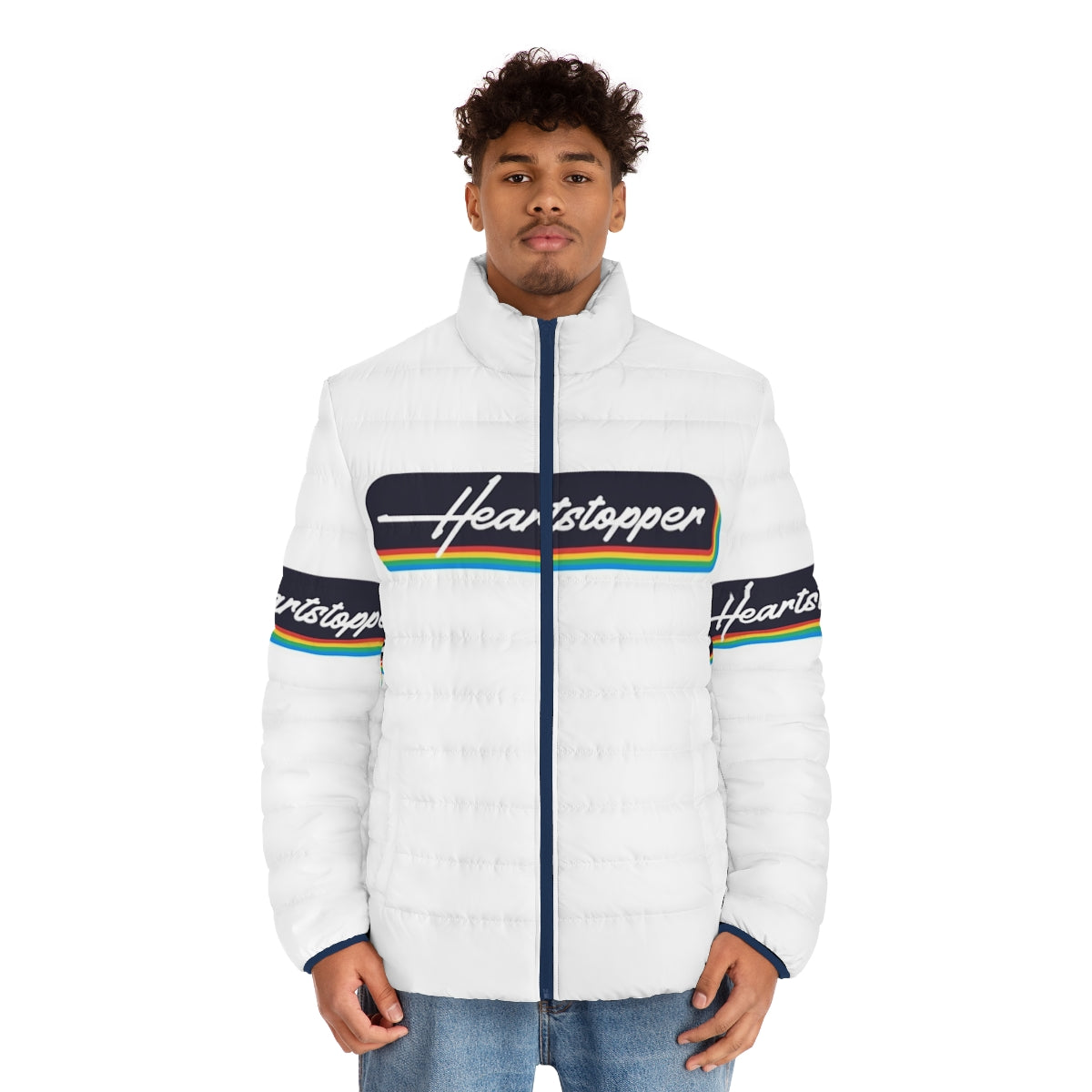 Heartstopper Pride Inspired Trendy Puffer Jacket with LGBTQ+ themed graphics - men front