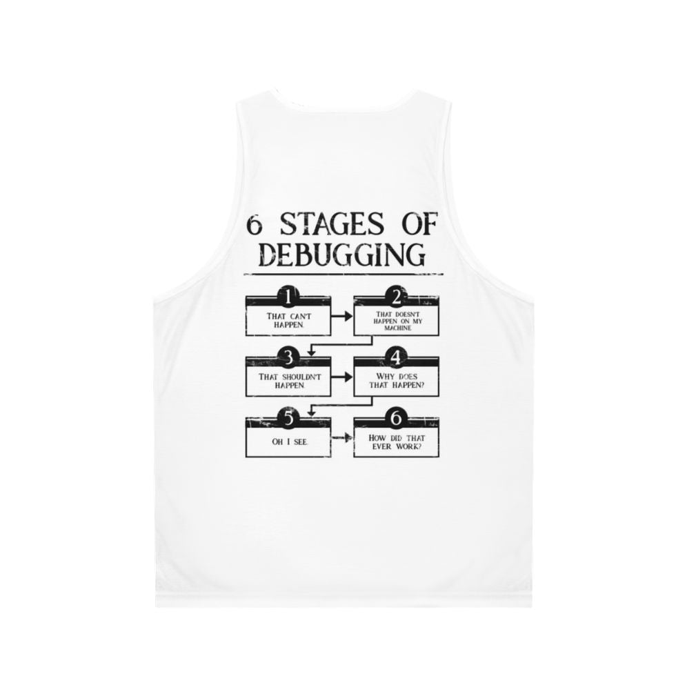 Unisex tank top with "6 Stages of Debugging" design for programmers and coders - Back