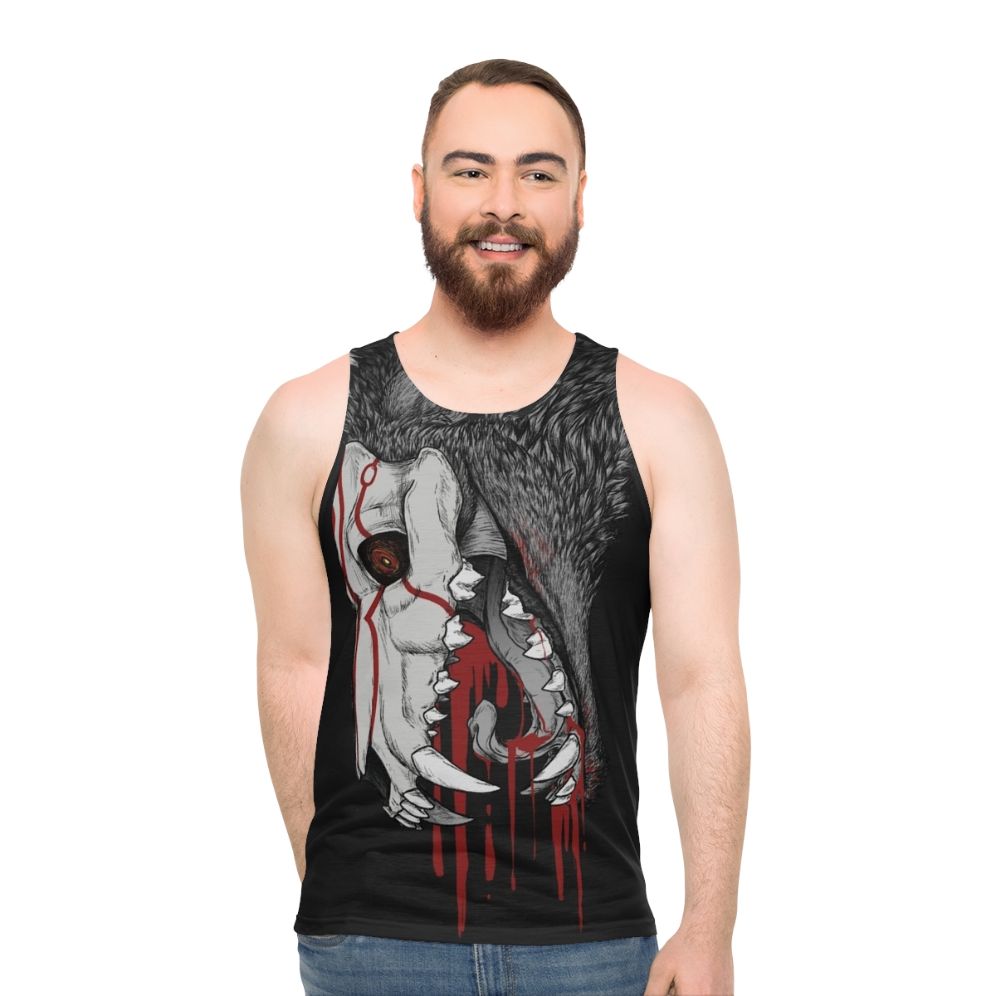 Black unisex tank top with horror graphic design - men