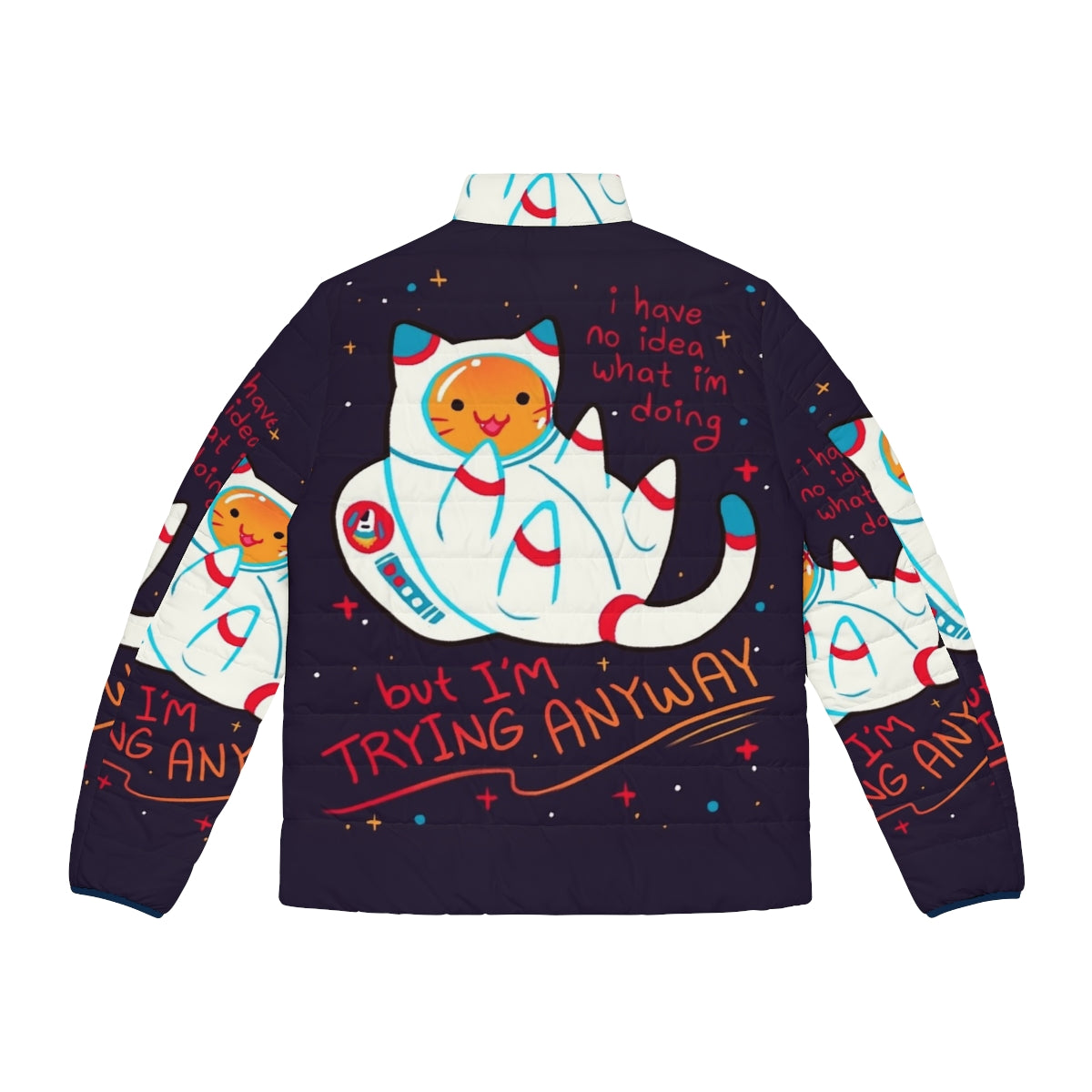 Cozy and stylish cat astronaut puffer jacket with inspirational positive affirmations - Back