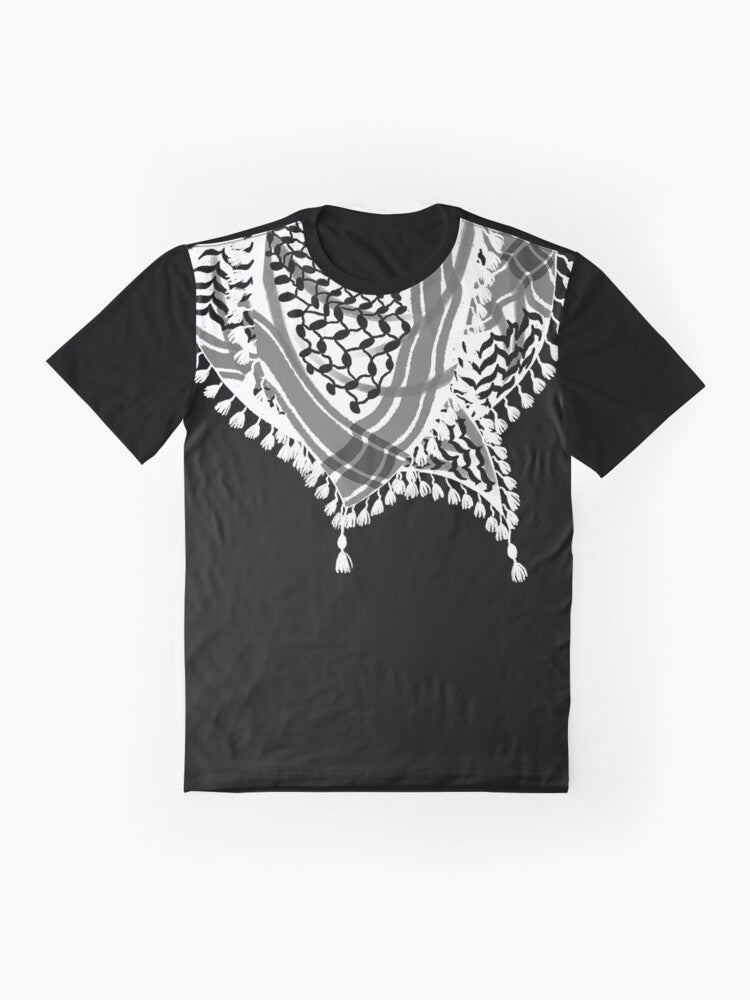 Keffiyeh scarf graphic t-shirt with black and white waves, fishnet, and tassels, featuring a Palestinian pattern design - Flat lay