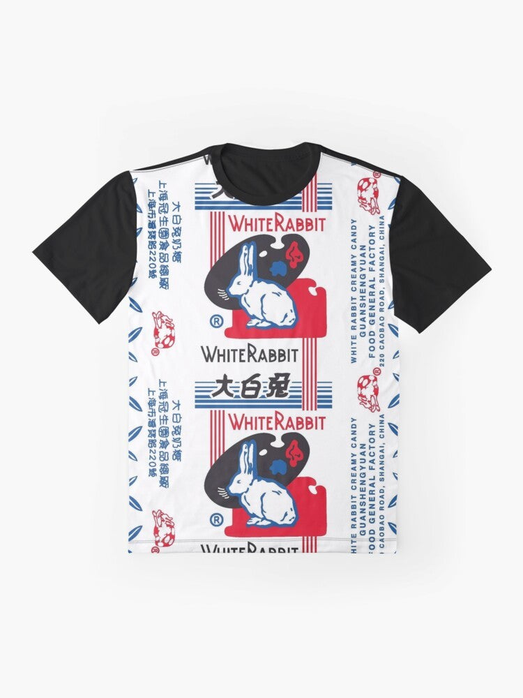 White Rabbit Candy Graphic T-Shirt, featuring the iconic white rabbit candy design - Flat lay