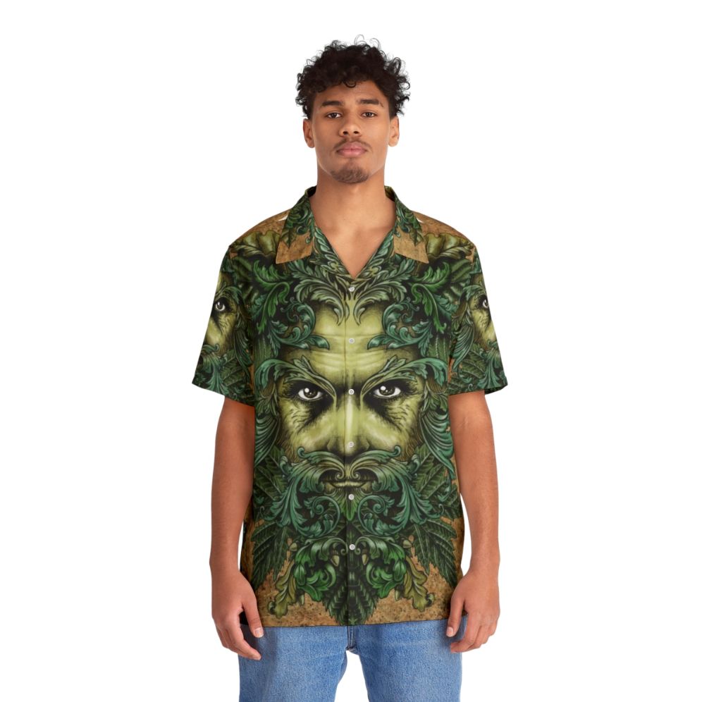 Green Man Hawaiian Shirt with Ornate Leaves and Scrollwork - People Front