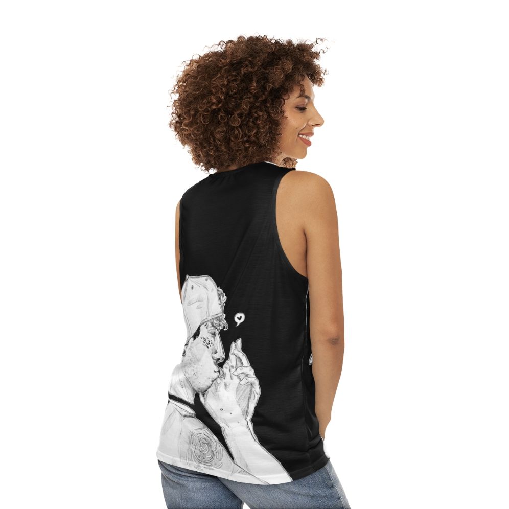 Unisex black and white band drummer tank top - women back