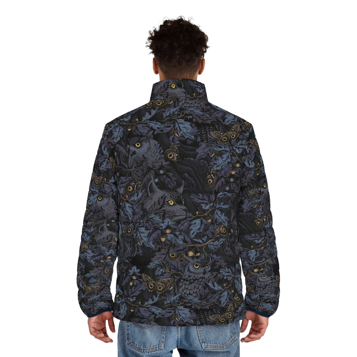 Model wearing a moonlight blue puffer jacket with a stylish camouflage pattern - men back