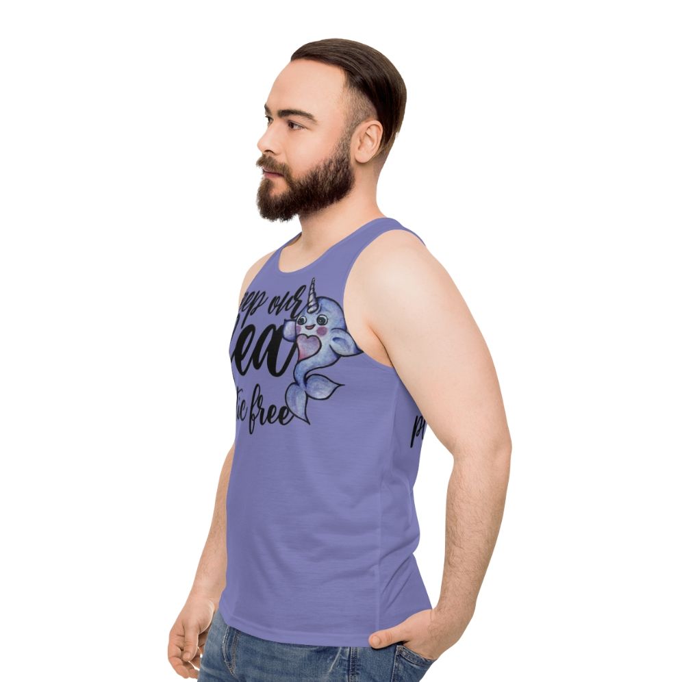 Unisex tank top with a narwhal design promoting ocean conservation and plastic-free initiatives - men side