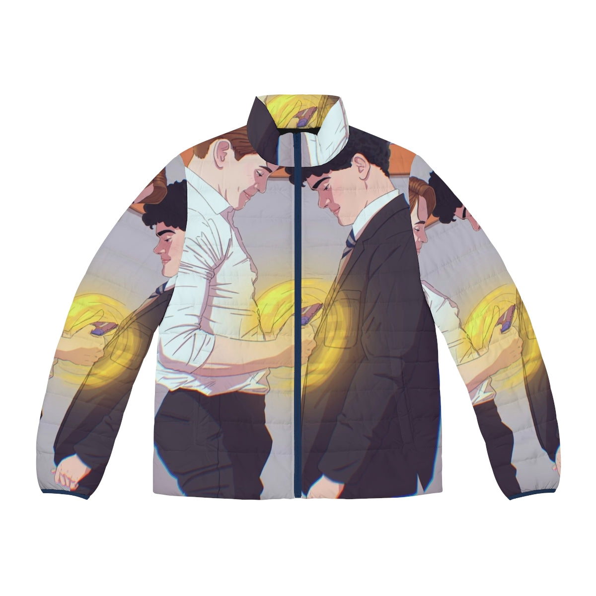 Heartstopper Charlie and Nick themed puffer jacket with LGBTQ+ pride design