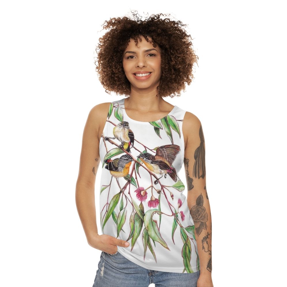 Spotted pardalotes on pink flowering gum unisex tank top - women