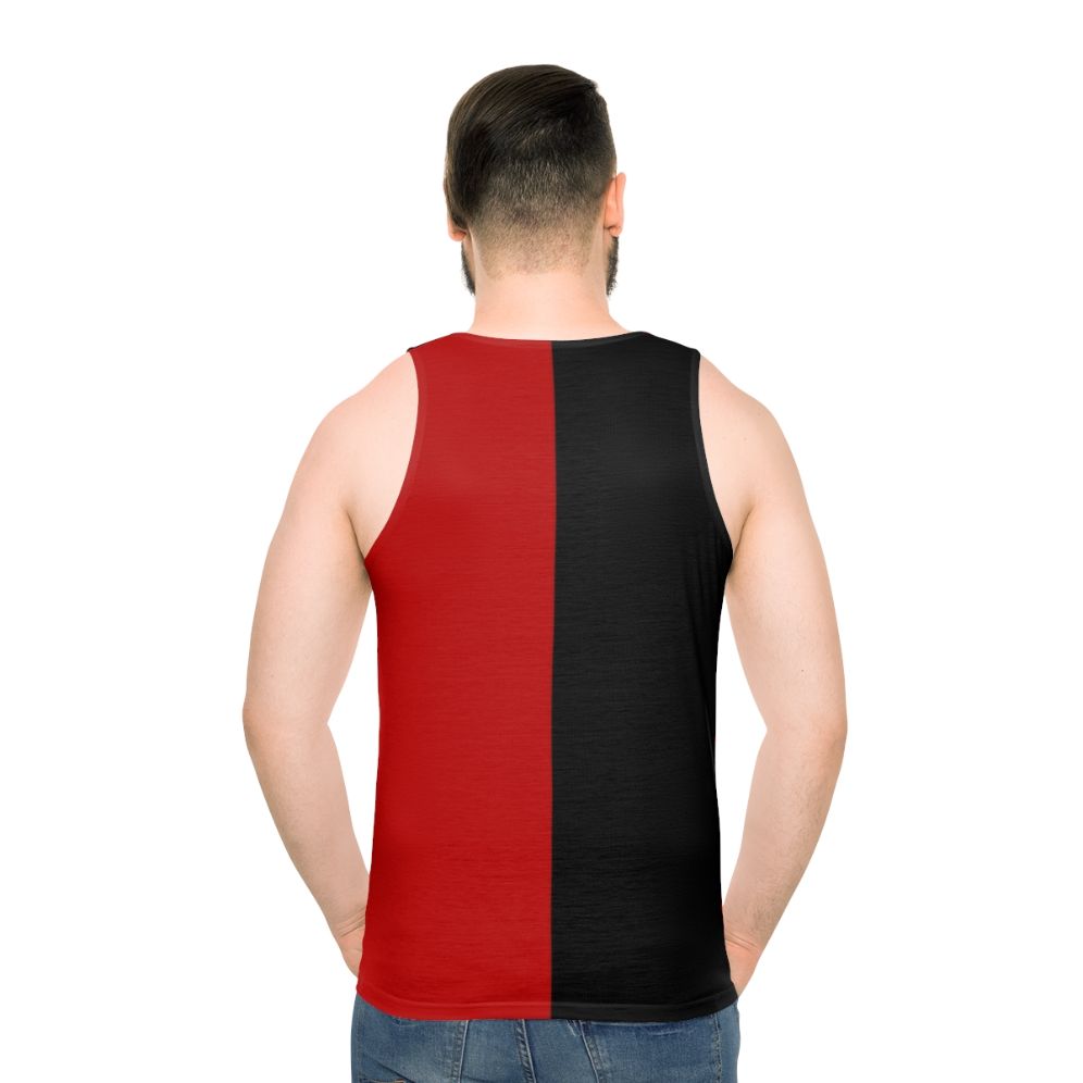 Harlequin two-tone black and red unisex tank top - men back