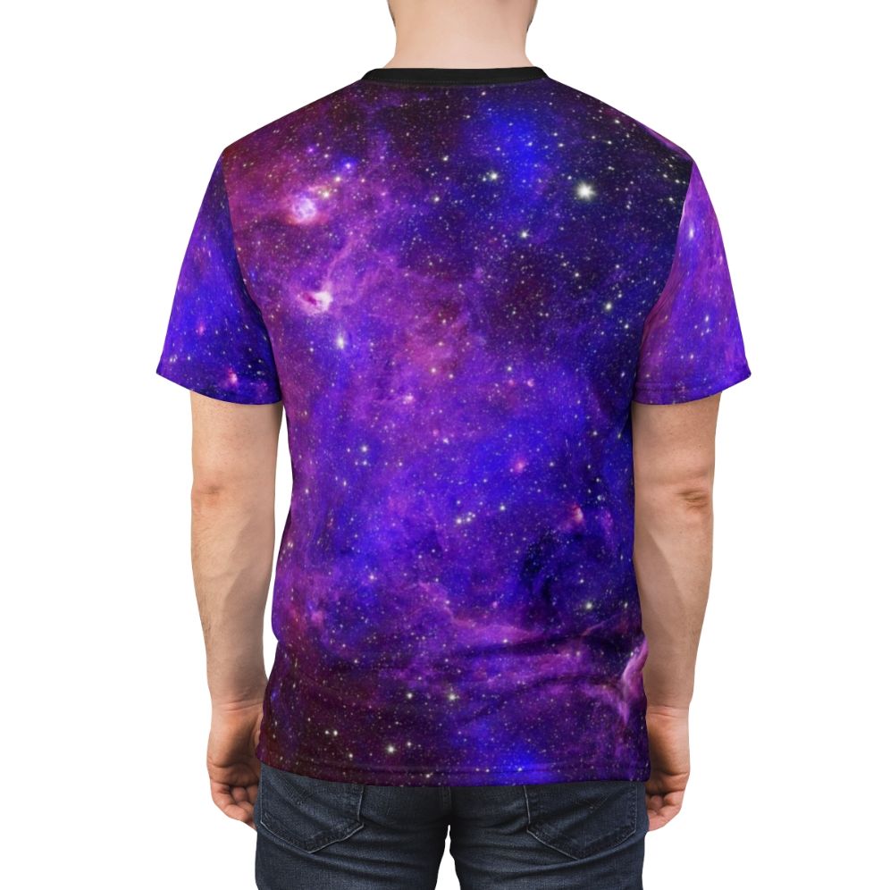 Vibrant cosmic galaxy design t-shirt with a colorful print of stars, nebulae, and other celestial bodies - men back