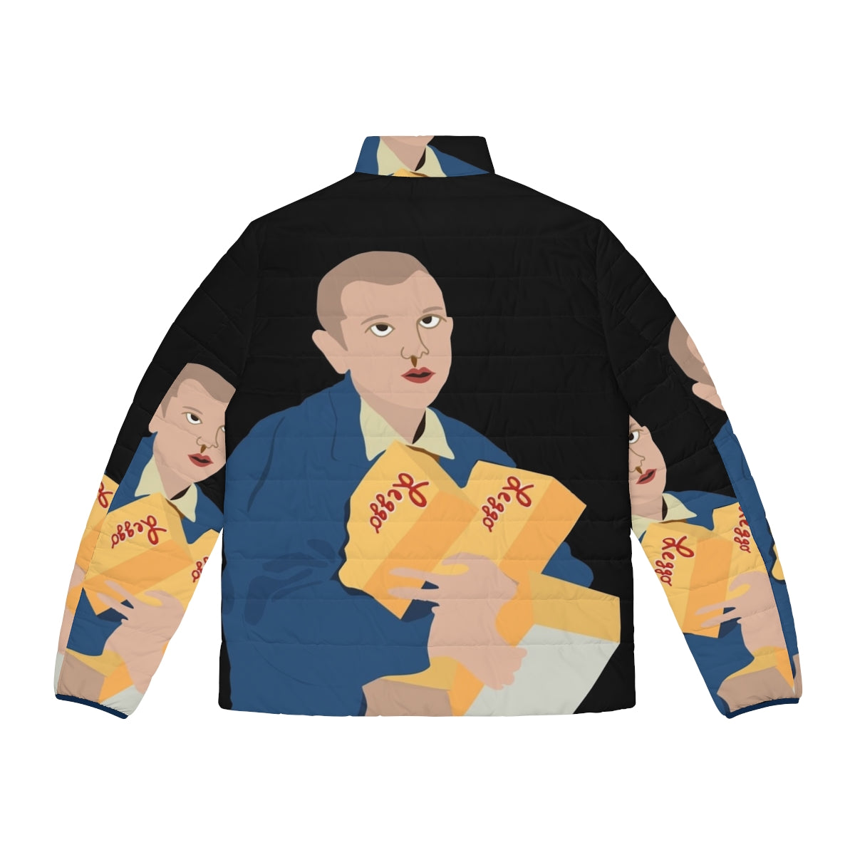 A pink puffer jacket featuring the Stranger Things character Eleven, with fan art design. - Back