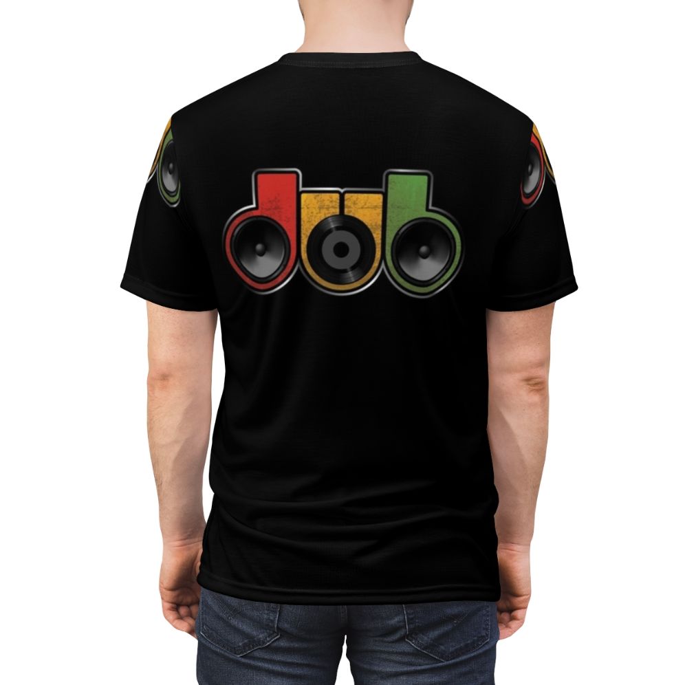 Dub music lover wearing a t-shirt with a vintage vinyl speaker and dub/reggae-inspired design - men back