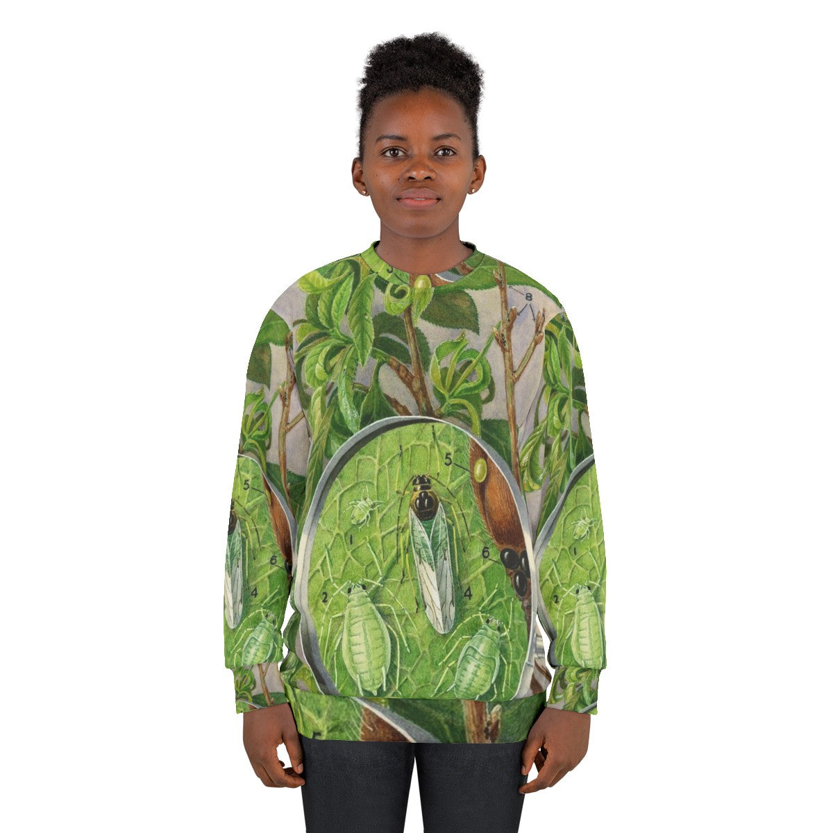 Green peach aphid botanical illustration on a sweatshirt - women