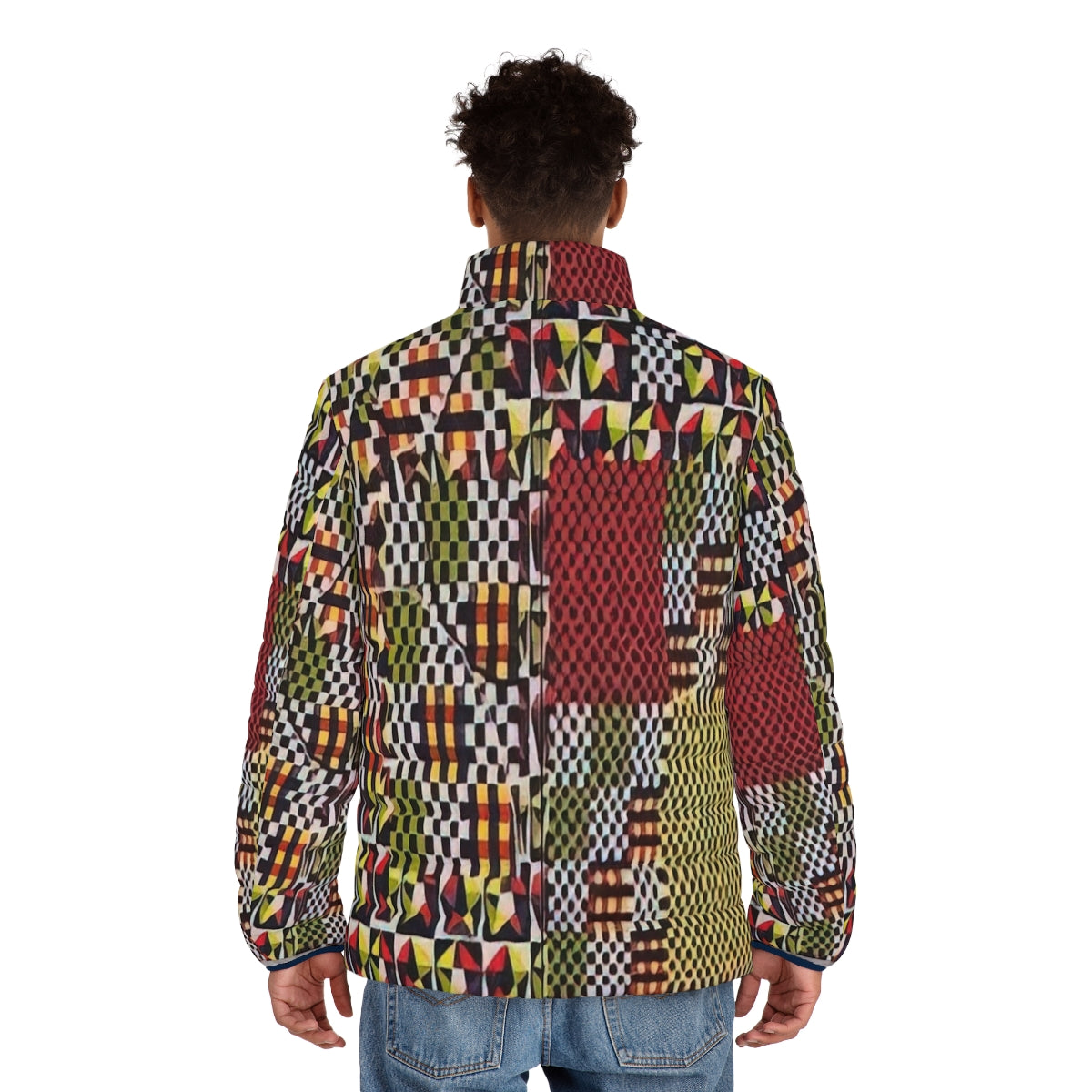 Puffer jacket featuring Alfred Jensen's colorful geometric artwork inspired by the Pythagorean Theorem - men back