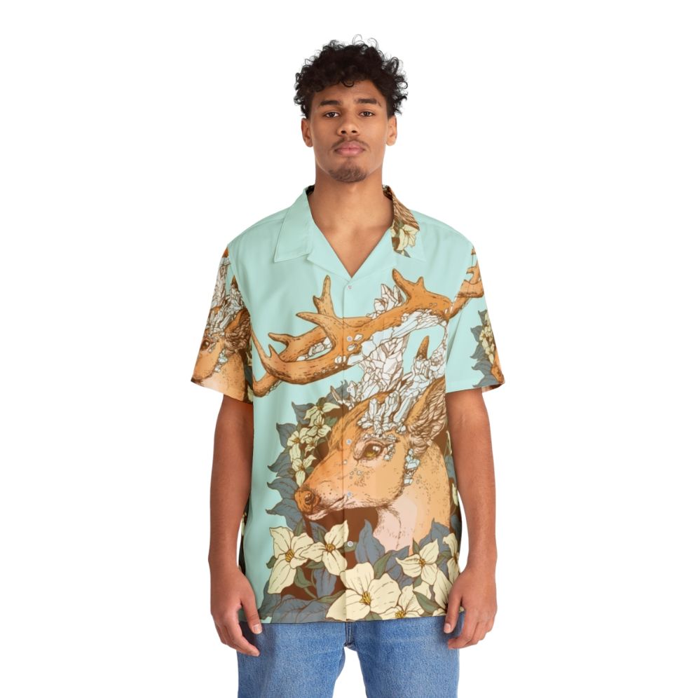 Non typical blue quartz buck with antlers and trillium flowers on a Hawaiian shirt - People Front