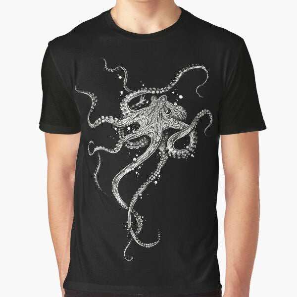 Octopus graphic t-shirt with detailed black and white tentacle design