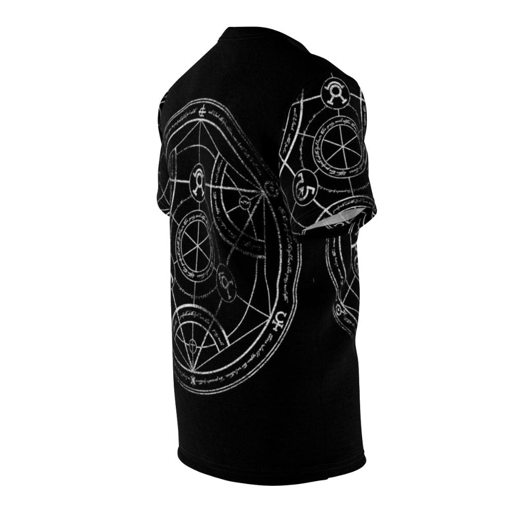 Closeup of a hand-drawn transmutation circle from the Fullmetal Alchemist anime series printed on a t-shirt. - men right