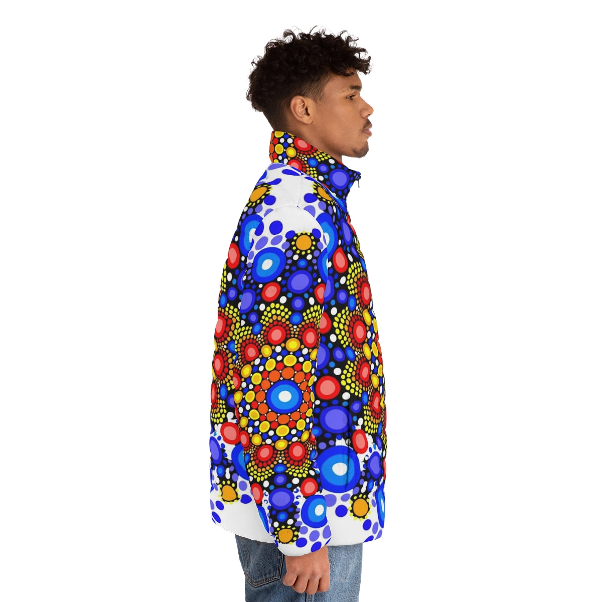 Vibrant circle pattern puffer jacket with a colorful and geometric mandala design - men side right