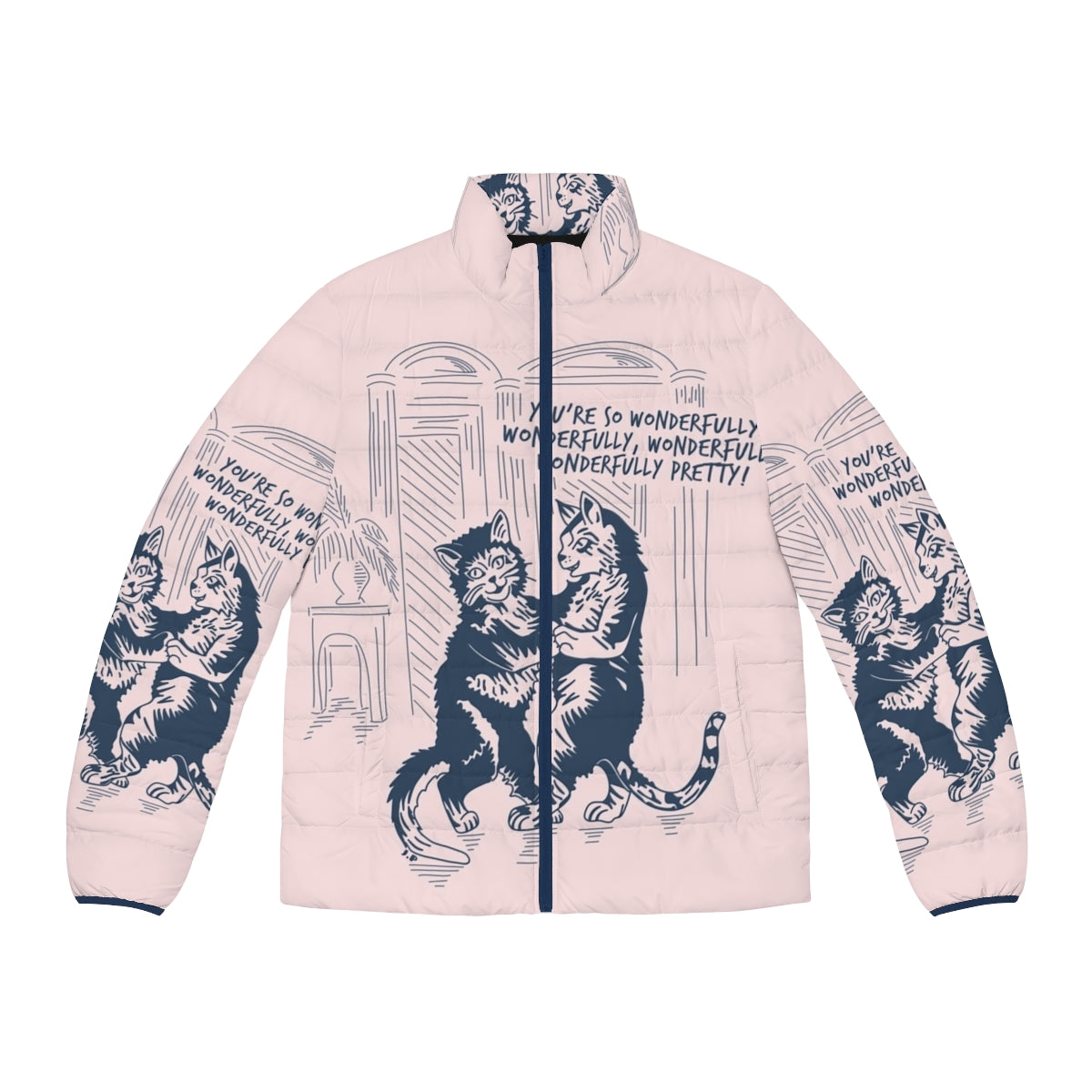 The Cure Lovecats puffer jacket featuring the iconic 80s alternative music band's cat-themed graphic design