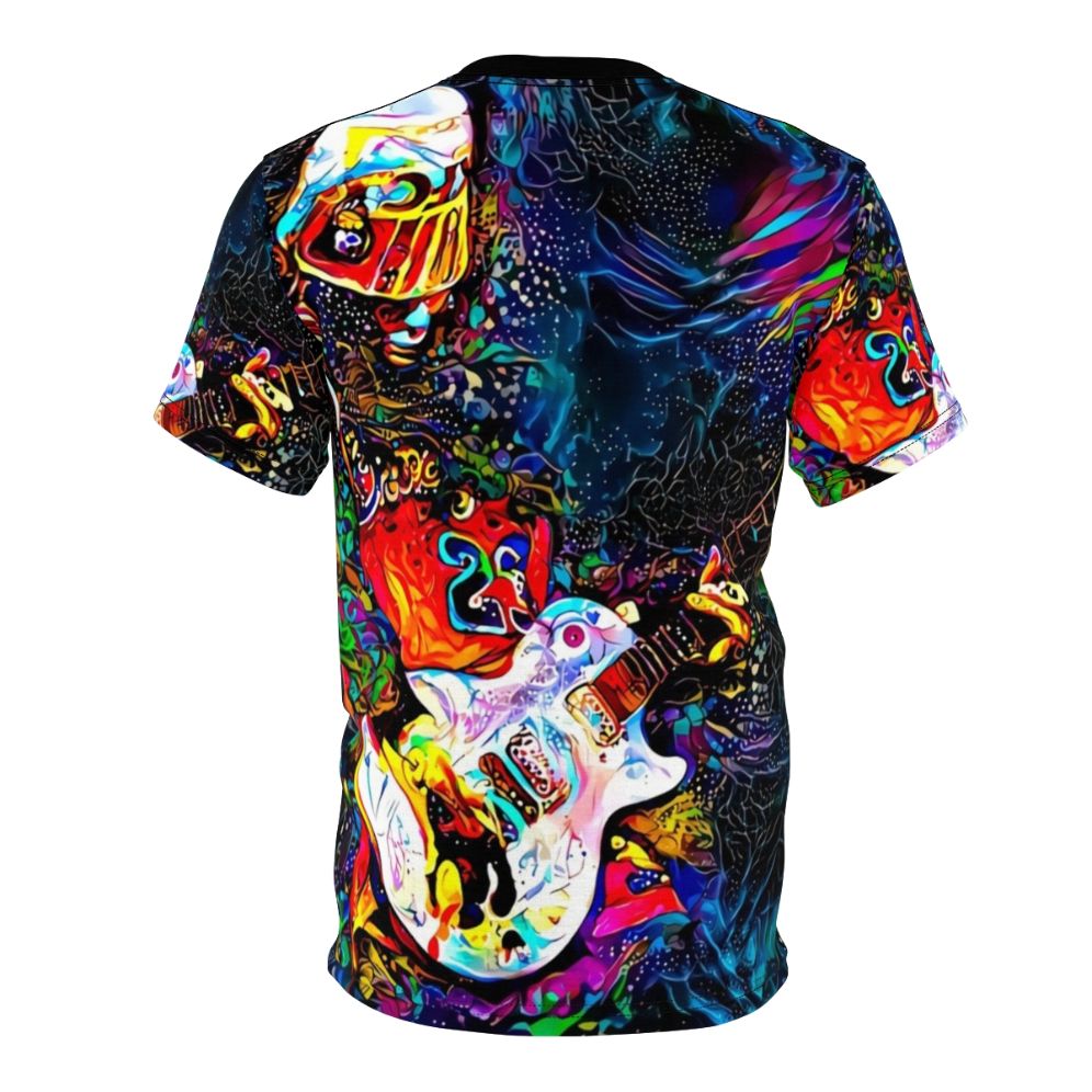 Colorful graphic t-shirt featuring abstract fan art design of musician Buckethead - Back