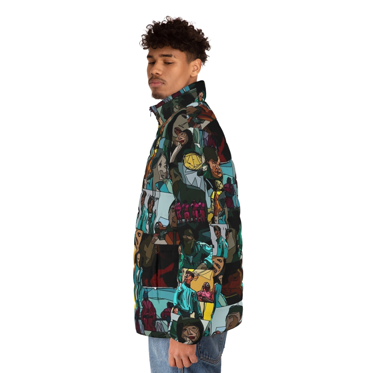 Squid Game Fanart Puffer Jacket with 456 logo and Squid Game inspired design - men side left