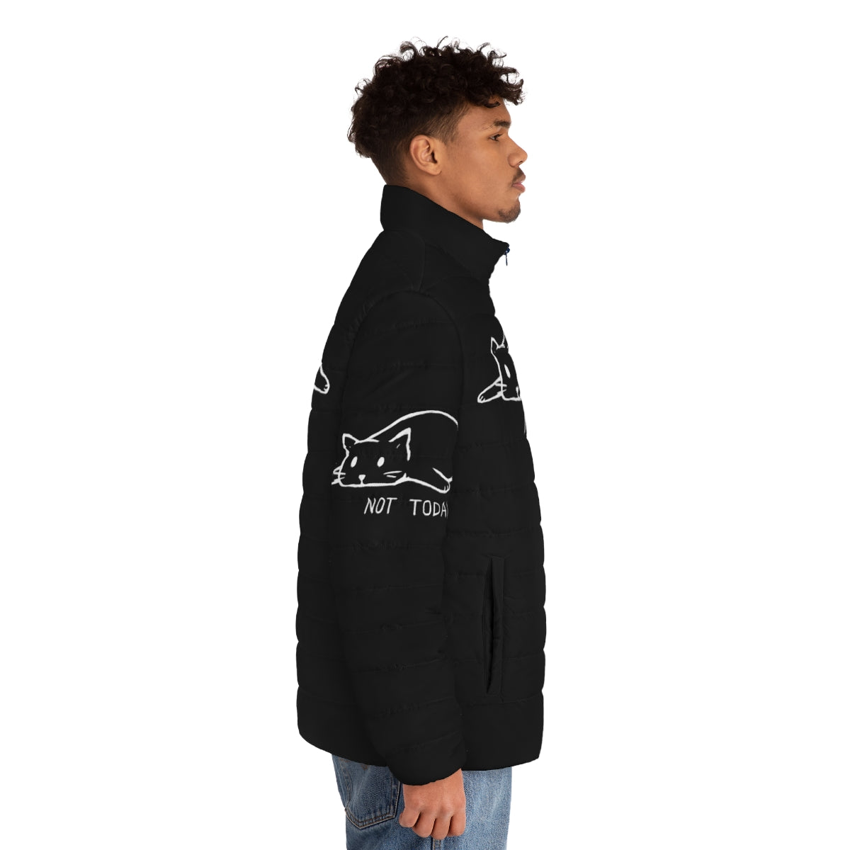 Puffer jacket with an image of a lazy, antisocial cat with the text "Not Today" - men side right