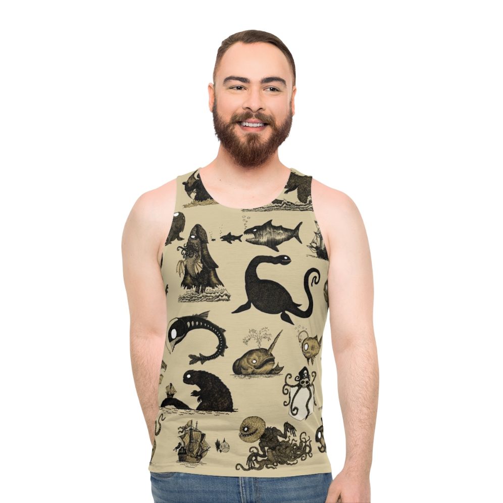 Unisex tank top with a pattern of mythical sea creatures - men