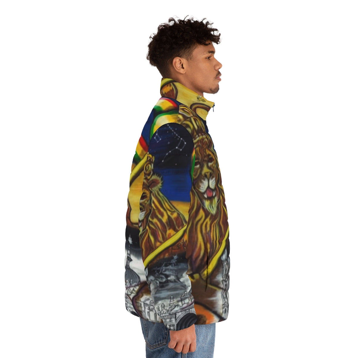 Midnite Zion Puffer Jacket featuring a Lion of Judah polygon design - men side right