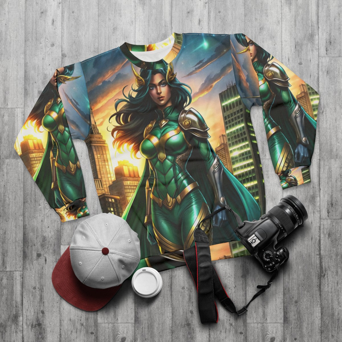 Empowered superhero woman in emerald armor standing in front of city skyline - flat lay