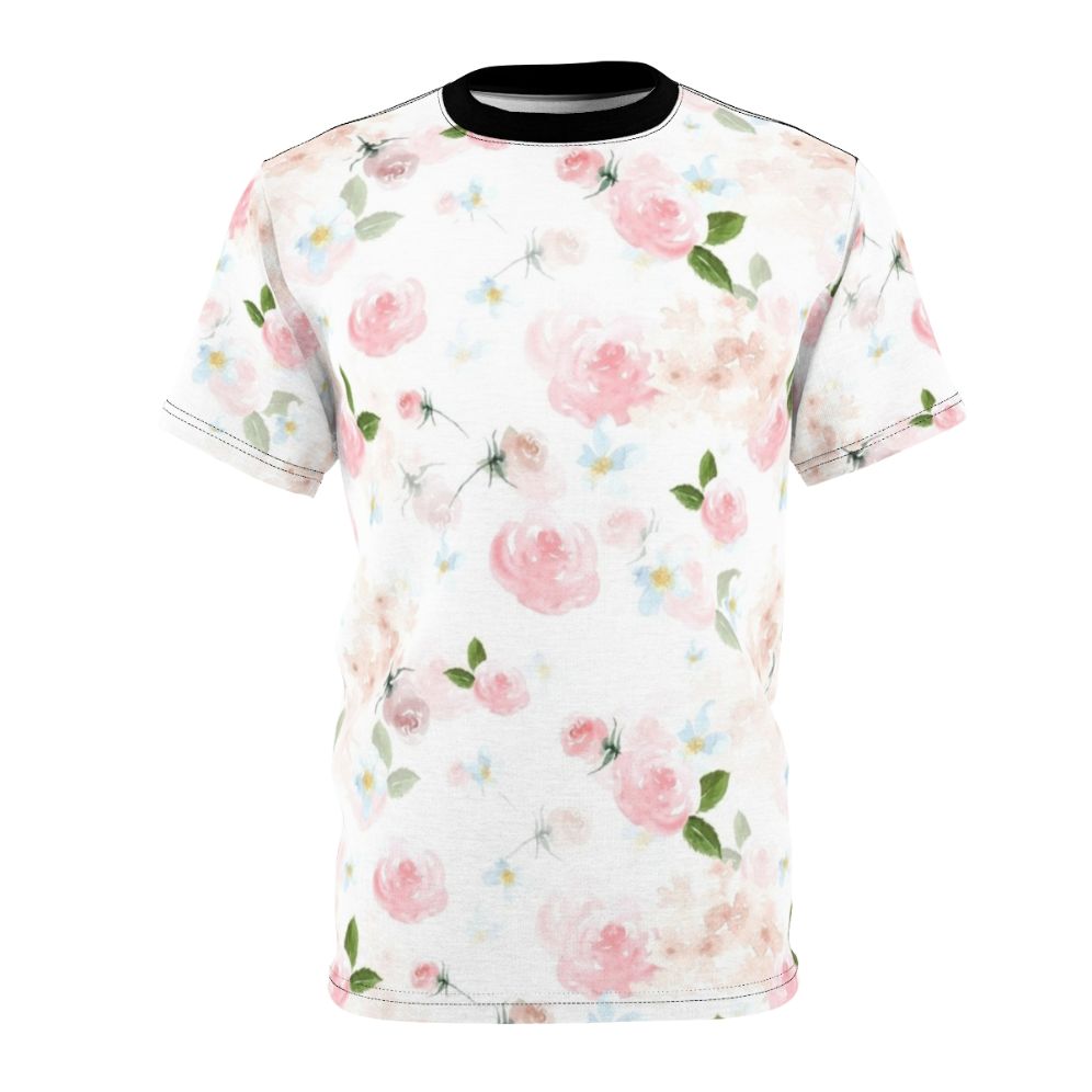 A close-up image of a blush pink floral botanical print design on a t-shirt.