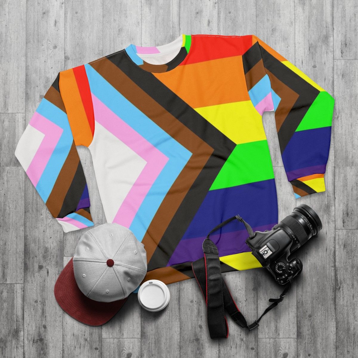 Inclusive Progress Pride Flag Sweatshirt with Rainbow Colors - flat lay