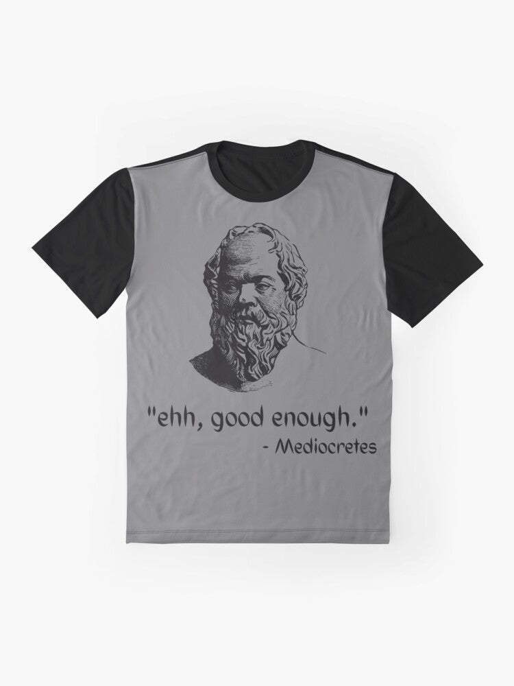 A graphic t-shirt featuring the text "Mediocretes Philosophy" in a vintage-inspired design, representing the philosophy of Socrates and ancient Greek thinkers. - Flat lay